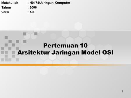 1 Pertemuan 10 Arsitektur Jaringan Model OSI Matakuliah: H0174/Jaringan Komputer Tahun: 2006 Versi: 1/0.