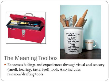 The Meaning Toolbox Expresses feelings and experiences through visual and sensory (smell, hearing, taste, feel) tools. Also includes revision/drafting.