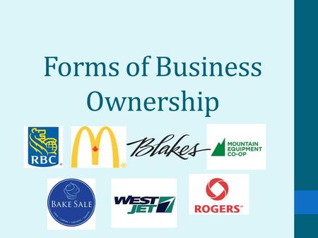 Forms of Business Ownership. Canadian Business Types In Canada, we generally have 4 types of business structures: 1.Sole Proprietorships 2.Partnerships.