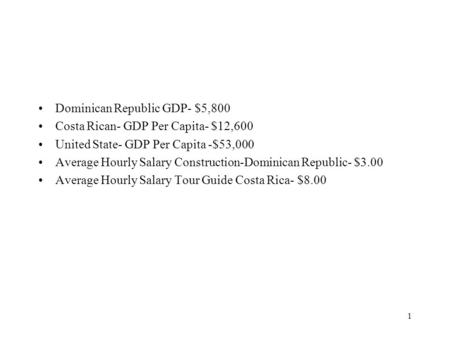 Dominican Republic GDP- $5,800 Costa Rican- GDP Per Capita- $12,600 United State- GDP Per Capita -$53,000 Average Hourly Salary Construction-Dominican.