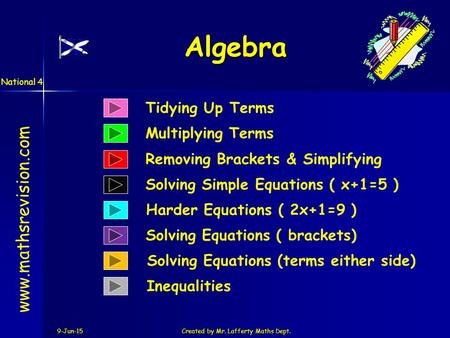 9-Jun-15Created by Mr. Lafferty Maths Dept. Tidying Up Terms Multiplying Terms Algebra www.mathsrevision.com Solving Simple Equations ( x+1=5 ) Removing.