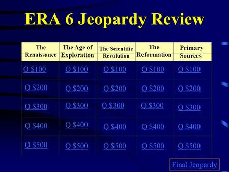 ERA 6 Jeopardy Review The Renaissance The Age of Exploration The Scientific Revolution The Reformation Primary Sources Q $100 Q $200 Q $300 Q $400 Q $500.