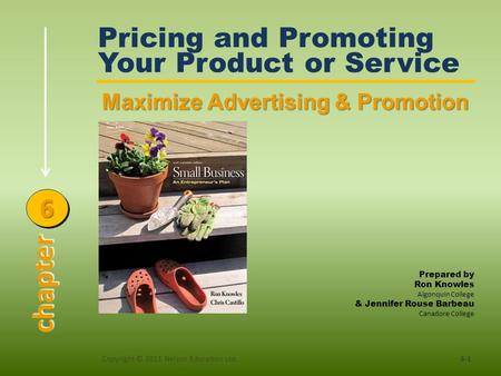 Pricing and Promoting Your Product or Service Maximize Advertising & Promotion 6-1Copyright © 2011 Nelson Education Ltd. chapter 66 Prepared by Ron Knowles.
