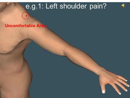 E.g.1: Left shoulder pain? Uncomfortable Area. e.g.1: Left shoulder pain? Acupressure point 1 deep press down & up for 1 min.