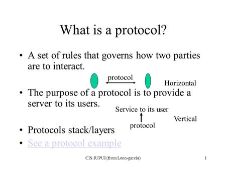 CIS.IUPUI (from Leon-garcia)1 What is a protocol? A set of rules that governs how two parties are to interact. The purpose of a protocol is to provide.