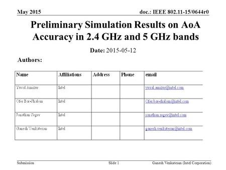 Doc.: IEEE 802.11-15/0644r0 Submission May 2015 Ganesh Venkatesan (Intel Corporation)Slide 1 Preliminary Simulation Results on AoA Accuracy in 2.4 GHz.