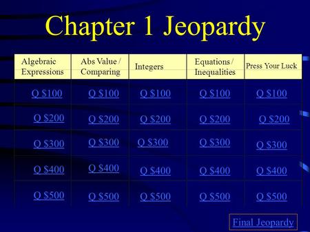 Chapter 1 Jeopardy Algebraic Expressions Abs Value / Comparing Integers Equations / Inequalities Press Your Luck Q $100 Q $200 Q $300 Q $400 Q $500 Q.