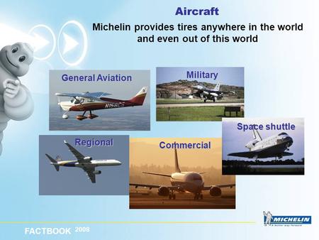 Aircraft Michelin provides tires anywhere in the world and even out of this world Military General Aviation Space shuttle Regional Commercial.