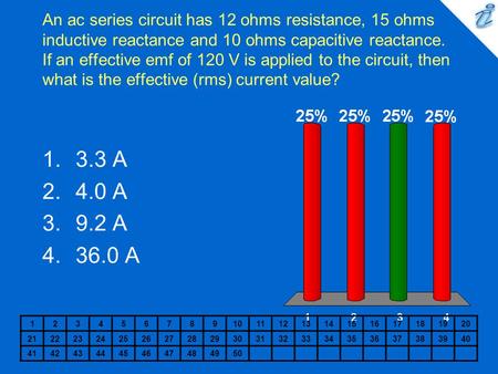 An ac series circuit has 12 ohms resistance, 15 ohms inductive reactance and 10 ohms capacitive reactance. If an effective emf of 120 V is applied to the.