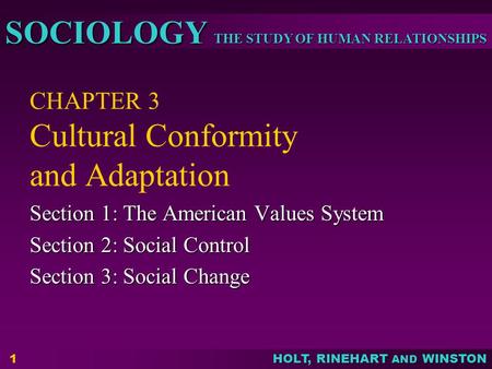 THE STUDY OF HUMAN RELATIONSHIPS SOCIOLOGY HOLT, RINEHART AND WINSTON 1 CHAPTER 3 Cultural Conformity and Adaptation Section 1: The American Values System.