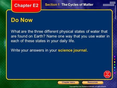 Chapter E2 Section 1  The Cycles of Matter Do Now
