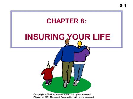 8-1 Copyright  2002 by Harcourt, Inc. All rights reserved. CHAPTER 8: INSURING YOUR LIFE Clip Art  2001 Microsoft Corporation. All rights reserved.