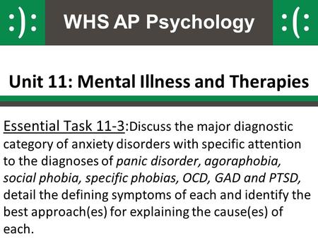WHS AP Psychology Unit 11: Mental Illness and Therapies Essential Task 11-3: Discuss the major diagnostic category of anxiety disorders with specific attention.