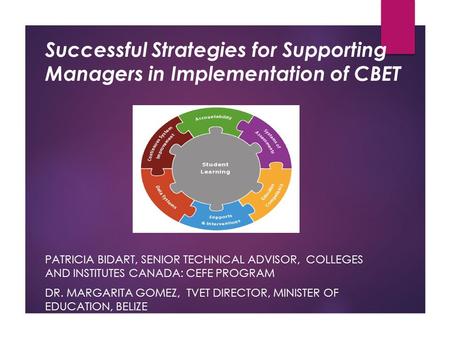 Successful Strategies for Supporting Managers in Implementation of CBET PATRICIA BIDART, SENIOR TECHNICAL ADVISOR, COLLEGES AND INSTITUTES CANADA: CEFE.
