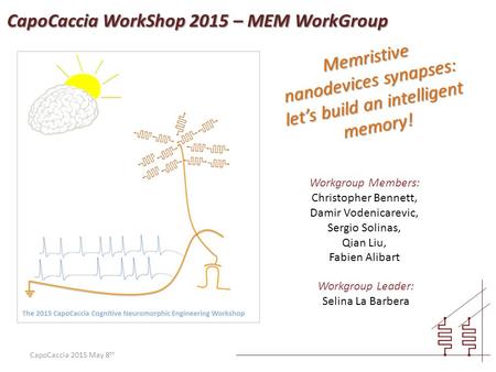 CapoCaccia 2015 May 8 th Memristive nanodevices synapses: let’s build an intelligent memory! Workgroup Members: Christopher Bennett, Damir Vodenicarevic,