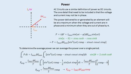 Power I, VI, V I max  V max  I, VI, V I max AC Circuits use a similar definition of power as DC circuits. The one detail that need to be included.