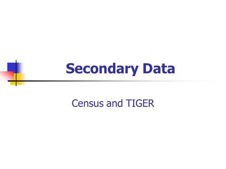 Secondary Data Census and TIGER. Why Secondary Data? Context (geographic, temporal, social) for primary data. Secondary data may provide validation for.