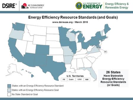 Energy Efficiency Resource Standards (and Goals) www.dsireusa.org / March 2015 26 States Have Statewide Energy Efficiency Resource Standards (or Goals)