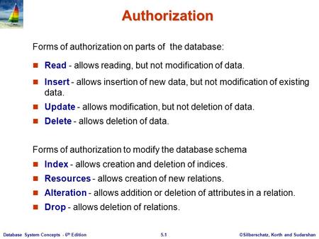 ©Silberschatz, Korth and Sudarshan5.1Database System Concepts - 6 th Edition Authorization Forms of authorization on parts of the database: Read - allows.