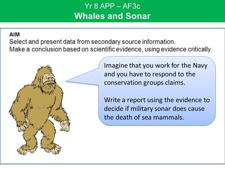 Yr 8 APP – AF3c Whales and Sonar Imagine that you work for the Navy and you have to respond to the conservation groups claims. Write a report using the.