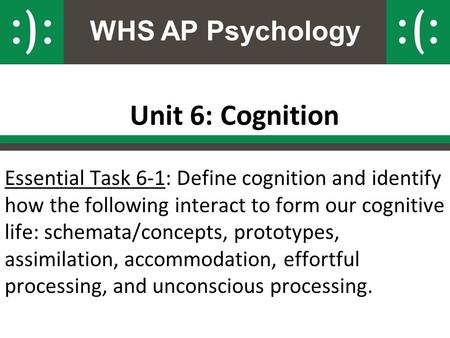 WHS AP Psychology Unit 6: Cognition Essential Task 6-1: Define cognition and identify how the following interact to form our cognitive life: schemata/concepts,