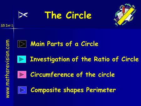 S5 Int 1 The Circle Circumference of the circle www.mathsrevision.com Main Parts of a Circle Investigation of the Ratio of Circle Composite shapes Perimeter.