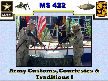 MS 422 Army Customs, Courtesies & Traditions I. MS 422 Agenda Titles Saluting Basics Courtesies Honors Questions.