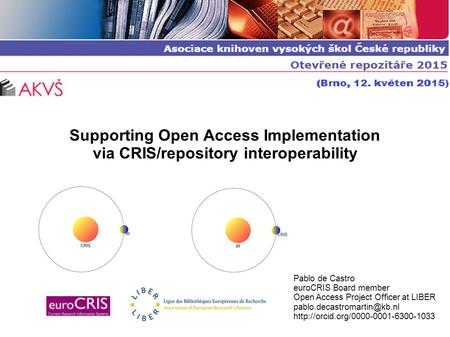 Supporting Open Access Implementation via CRIS/repository interoperability Pablo de Castro euroCRIS Board member Open Access Project Officer at LIBER