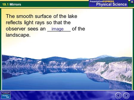 The smooth surface of the lake reflects light rays so that the observer sees an ________ of the landscape. image.