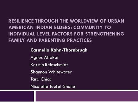 RESILIENCE THROUGH THE WORLDVIEW OF URBAN AMERICAN INDIAN ELDERS: COMMUNITY TO INDIVIDUAL LEVEL FACTORS FOR STRENGTHENING FAMILY AND PARENTING PRACTICES.