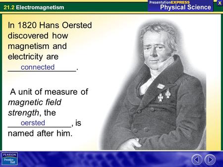 21.2 Electromagnetism In 1820 Hans Oersted discovered how magnetism and electricity are ______________. A unit of measure of magnetic field strength, the.