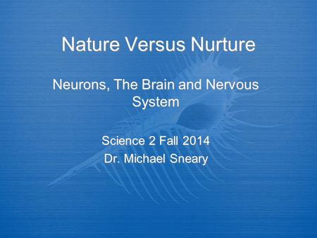 Nature Versus Nurture Neurons, The Brain and Nervous System Science 2 Fall 2014 Dr. Michael Sneary Neurons, The Brain and Nervous System Science 2 Fall.
