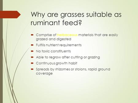 Why are grasses suitable as ruminant feed?  Comprise of herbaceous materials that are easily grazed and digested  Fulfills nutrient requirements  No.