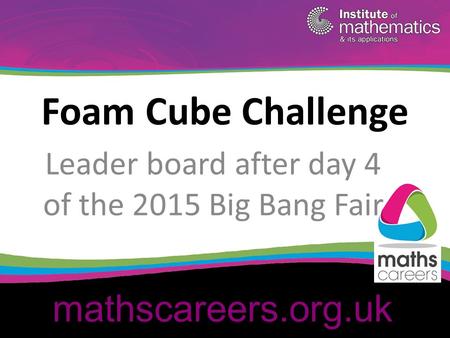 Mathscareers.org.uk Foam Cube Challenge Leader board after day 4 of the 2015 Big Bang Fair.