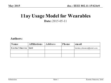 May 2015doc.: IEEE 802.11-15/624r0 SubmissionSlide 1 11ay Usage Model for Wearables Date: 2015-05-11 Authors: Kerstin Johnsson, Intel.