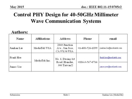 Doc.: IEEE 802.11-15/0705r2 Submission Control PHY Design for 40-50GHz Millimeter Wave Communication Systems Authors: May 2015 Slide 1Jianhan Liu (MediaTek)