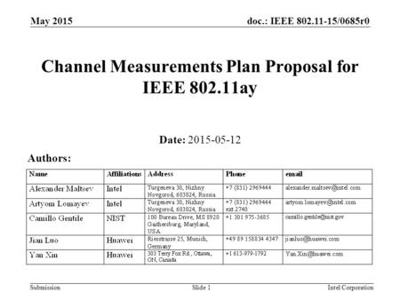 Doc.: IEEE 802.11-15/0685r0 Submission May 2015 Intel CorporationSlide 1 Channel Measurements Plan Proposal for IEEE 802.11ay Date: 2015-05-12 Authors: