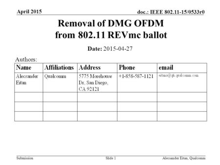 Submission doc.: IEEE 802.11-15/0533r0 April 2015 Alecsander Eitan, QualcommSlide 1 Removal of DMG OFDM from 802.11 REVmc ballot Date: 2015-04-27 Authors: