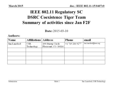 Doc.: IEEE 802.11-15/0407r0 Submission March 2015 Jim Lansford, CSR TechnologySlide 1 IEEE 802.11 Regulatory SC DSRC Coexistence Tiger Team Summary of.