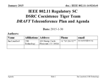 Doc.: IEEE 802.11-14/0241r0 Agenda January 2015 Jim Lansford, CSR TechnologySlide 1 IEEE 802.11 Regulatory SC DSRC Coexistence Tiger Team DRAFT Teleconference.