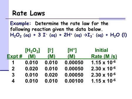 Rate Laws Example: Determine the rate law for the following reaction given the data below. H 2 O 2 (aq) + 3 I - (aq) + 2H + (aq)  I 3 - (aq) + H 2 O (l)