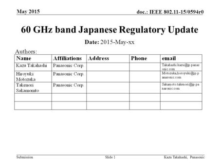 Submission doc.: IEEE 802.11-15/0594r0 May 2015 Slide 1 60 GHz band Japanese Regulatory Update Date: 2015-May-xx Authors: Kazu Takahashi, Panasonic.