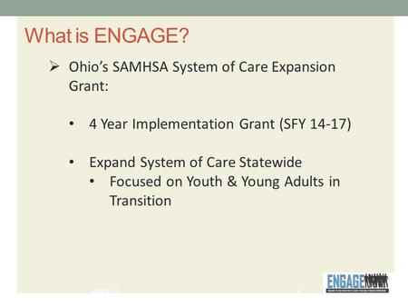 What is ENGAGE?  Ohio’s SAMHSA System of Care Expansion Grant: 4 Year Implementation Grant (SFY 14-17) Expand System of Care Statewide Focused on Youth.