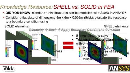 DID YOU KNOW: slender or thin structures can be modelled with Shells in ANSYS? Consider a flat plate of dimensions 6m x 6m x 0.002m (thick); evaluate the.