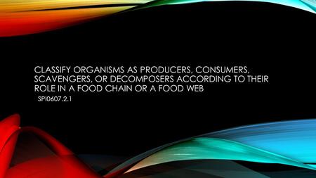 Classify organisms as producers, consumers, scavengers, or decomposers according to their role in a food chain or a food web SPI0607.2.1.