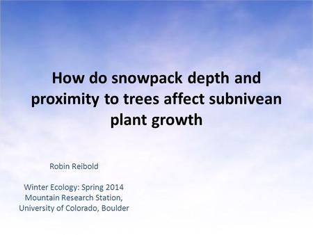 How do snowpack depth and proximity to trees affect subnivean plant growth Robin Reibold Winter Ecology: Spring 2014 Mountain Research Station, University.