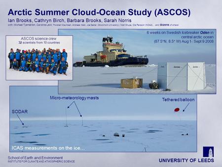 UNIVERSITY OF LEEDS School of Earth and Environment INSTITUTE FOR CLIMATE AND ATMOSPHERIC SCIENCE Arctic Summer Cloud-Ocean Study (ASCOS) Ian Brooks, Cathryn.