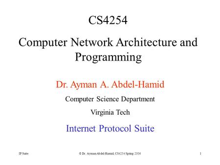 IP Suite© Dr. Ayman Abdel-Hamid, CS4254 Spring 20061 CS4254 Computer Network Architecture and Programming Dr. Ayman A. Abdel-Hamid Computer Science Department.