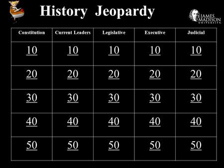 History Jeopardy ConstitutionCurrent LeadersLegislativeExecutiveJudicial 10 20 30 40 50.