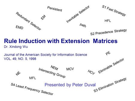 Rule Induction with Extension Matrices Dr. Xindong Wu Journal of the American Society for Information Science VOL. 49, NO. 5, 1998 Presented by Peter Duval.